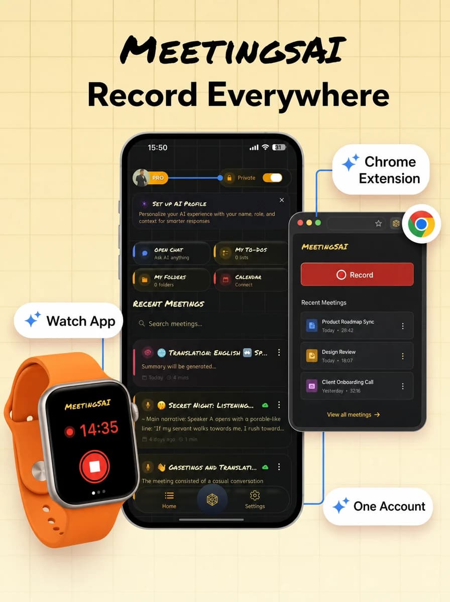 MeetingsAI on iPhone, Apple Watch, and Chrome — record everywhere with one account