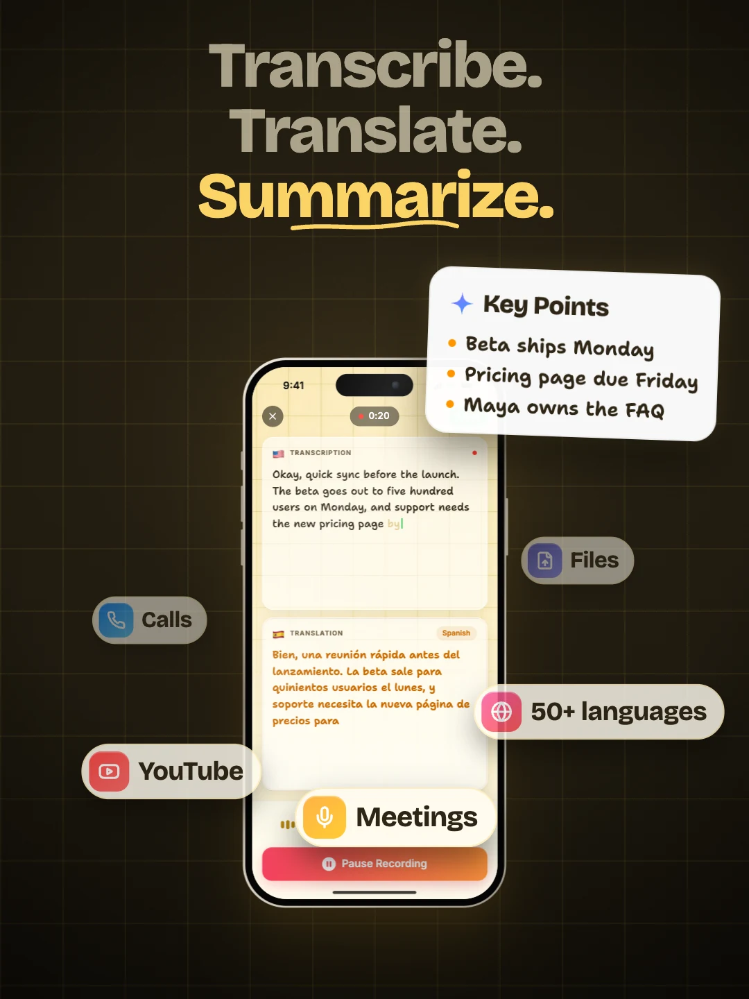 MeetingsAI transcribing and translating a meeting live, with key points, for meetings, YouTube videos, calls, voice notes, files and 50+ languages