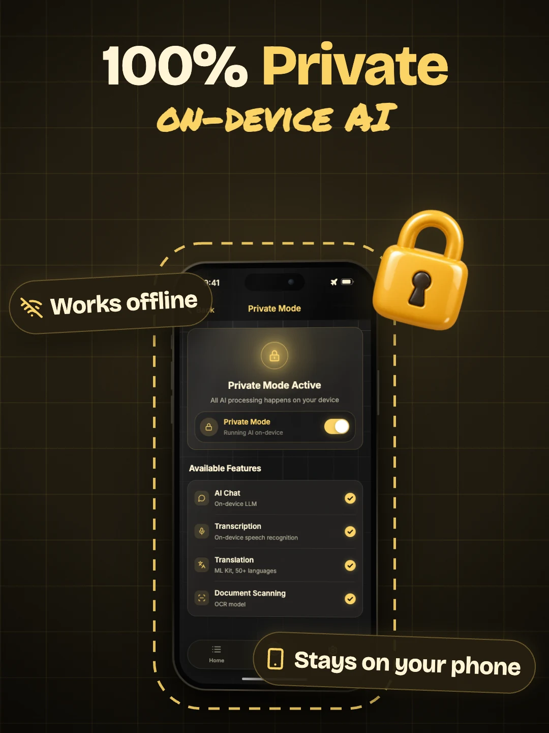 MeetingsAI Private Mode switched on in airplane mode: on-device AI chat, transcription, translation and document scanning that stay on your phone