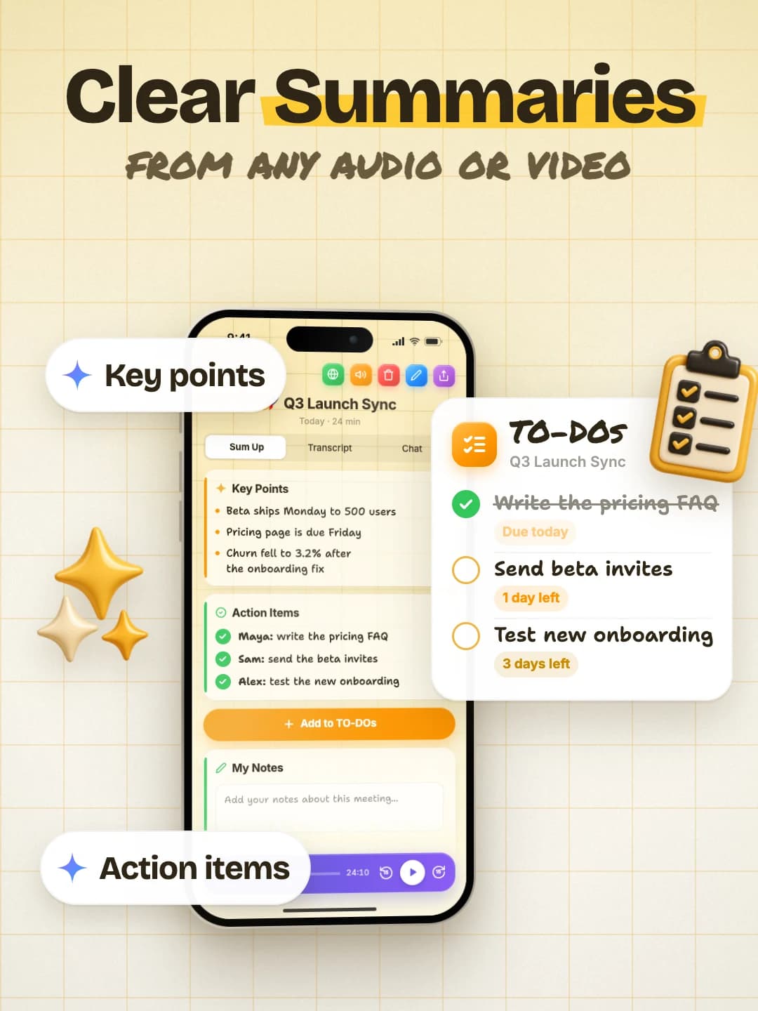 MeetingsAI meeting summary with key points and action items added to a TO-DO list with due dates